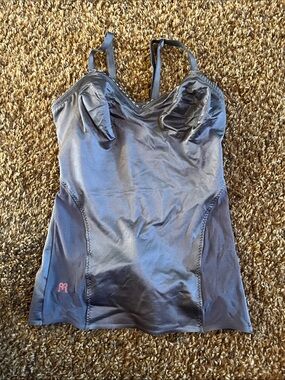 Ruby Ribbon Gray Shaping Camisole with Pink Logo. Mesh side panels